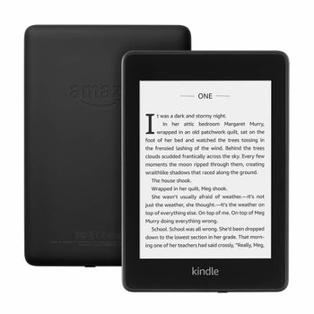 back and front of a kindle with words on the display