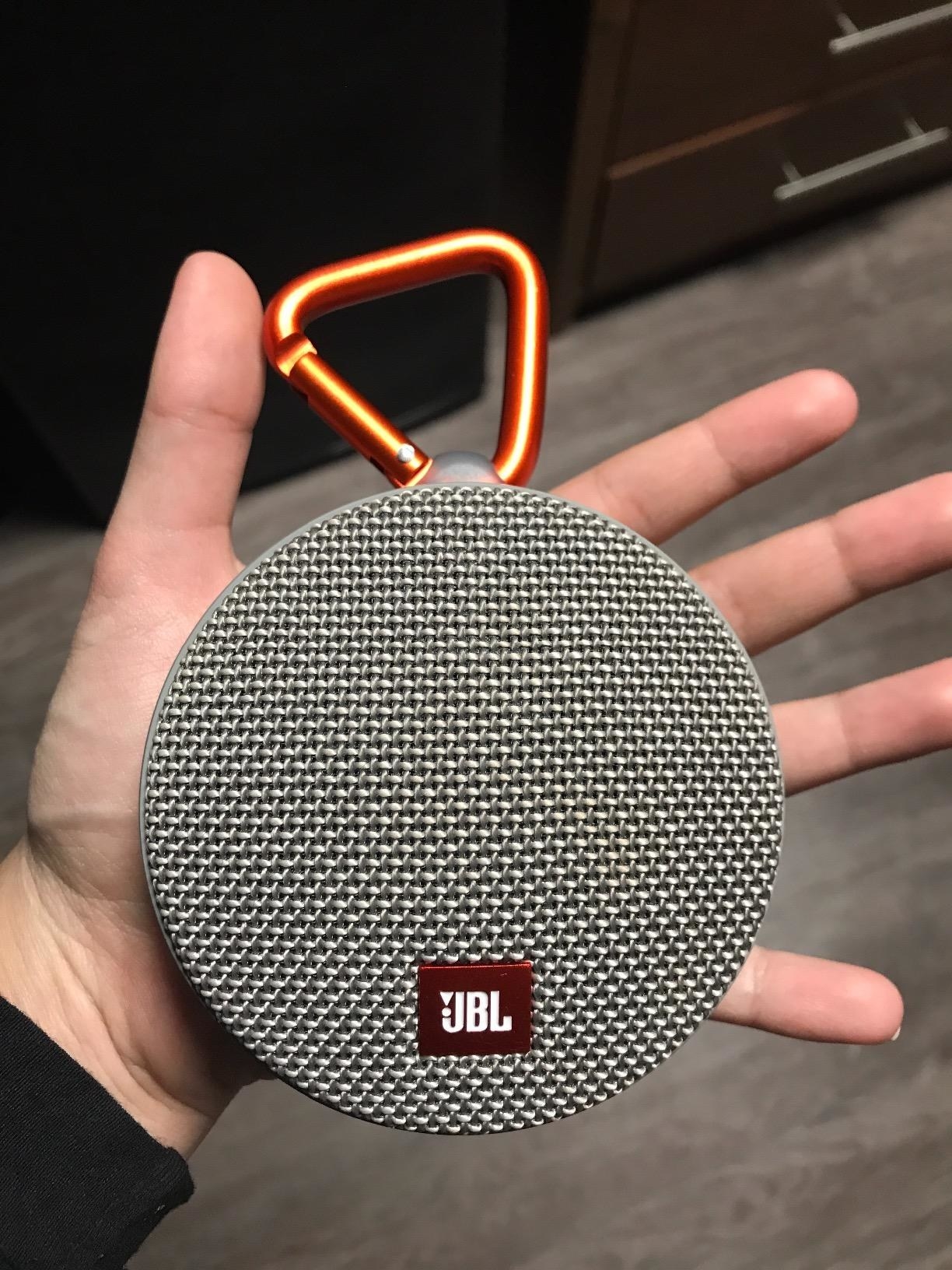 round speaker with carabiner in palm of reviewer&#x27;s hand