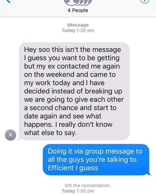 Someone breaks up with multiple guys over a group text