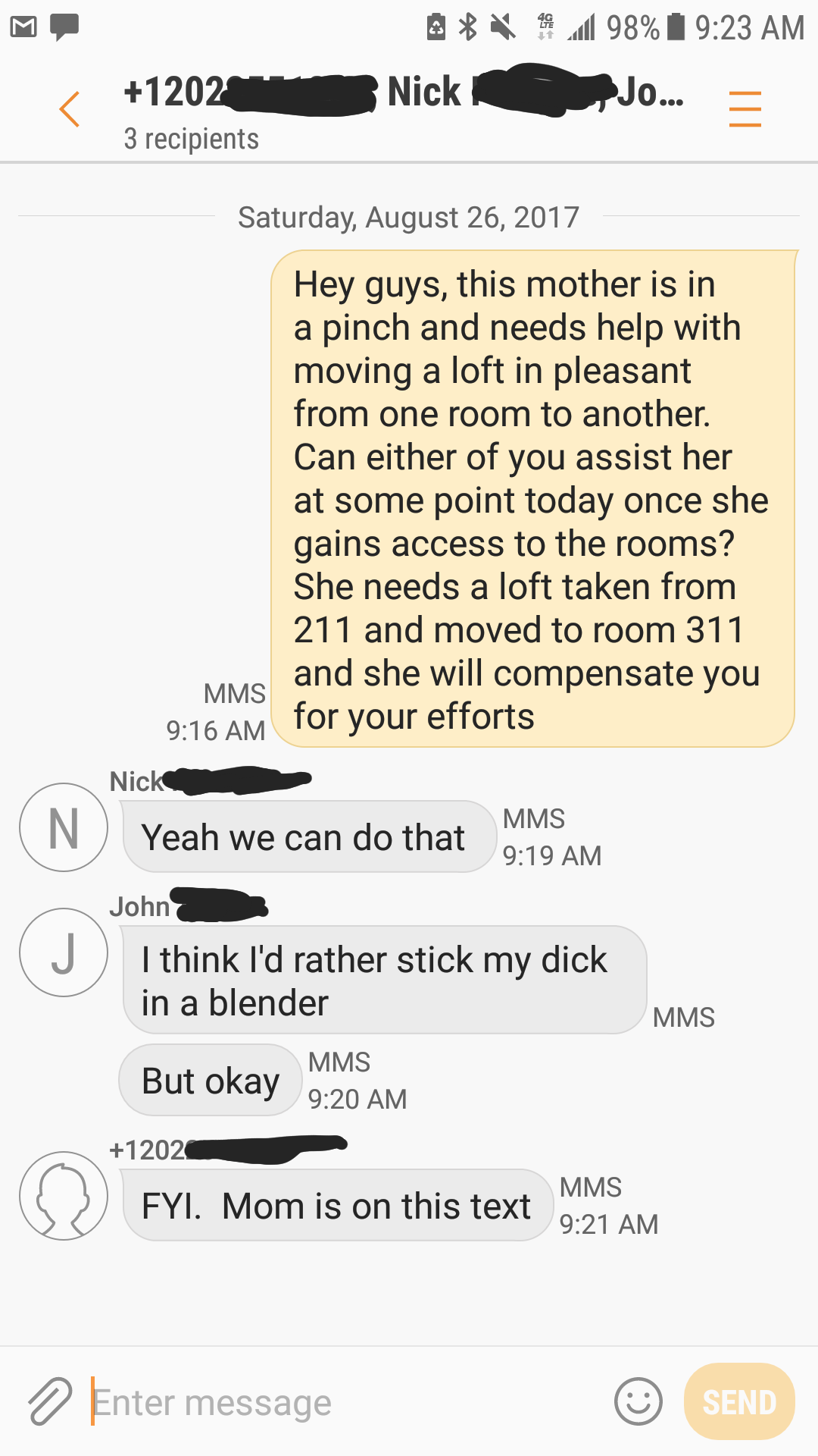 Someone complains about helping their mother move in a group chat that includes their mother