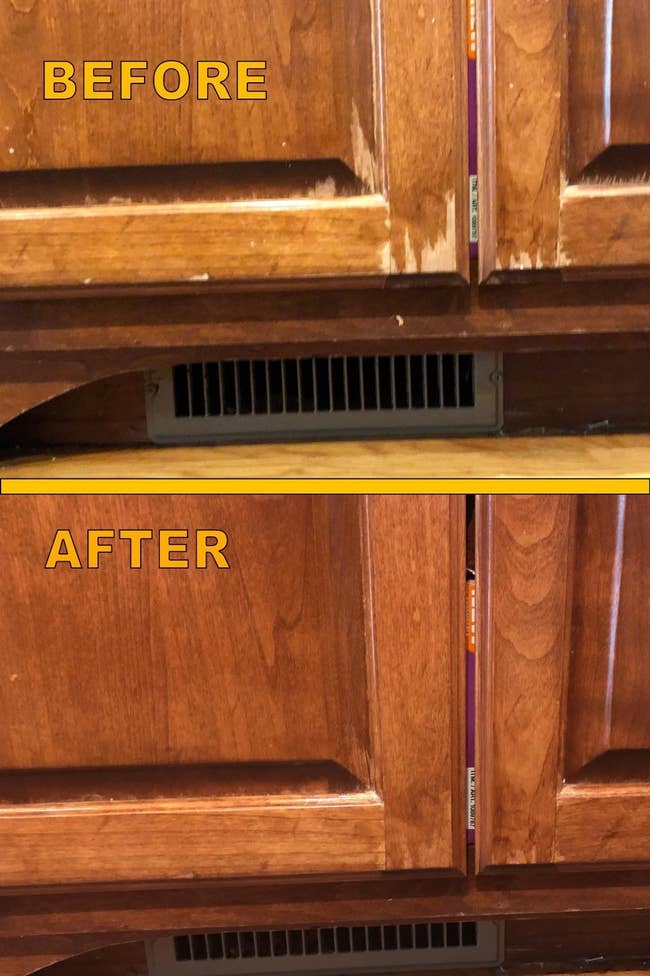 A review image of worn-out, semi-stripped cabinets before, and then solid color polished cabinets after