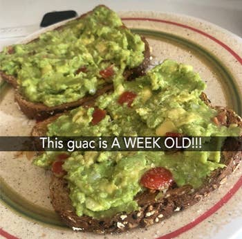 A review image of fresh-looking guac spread on bread with the text 
