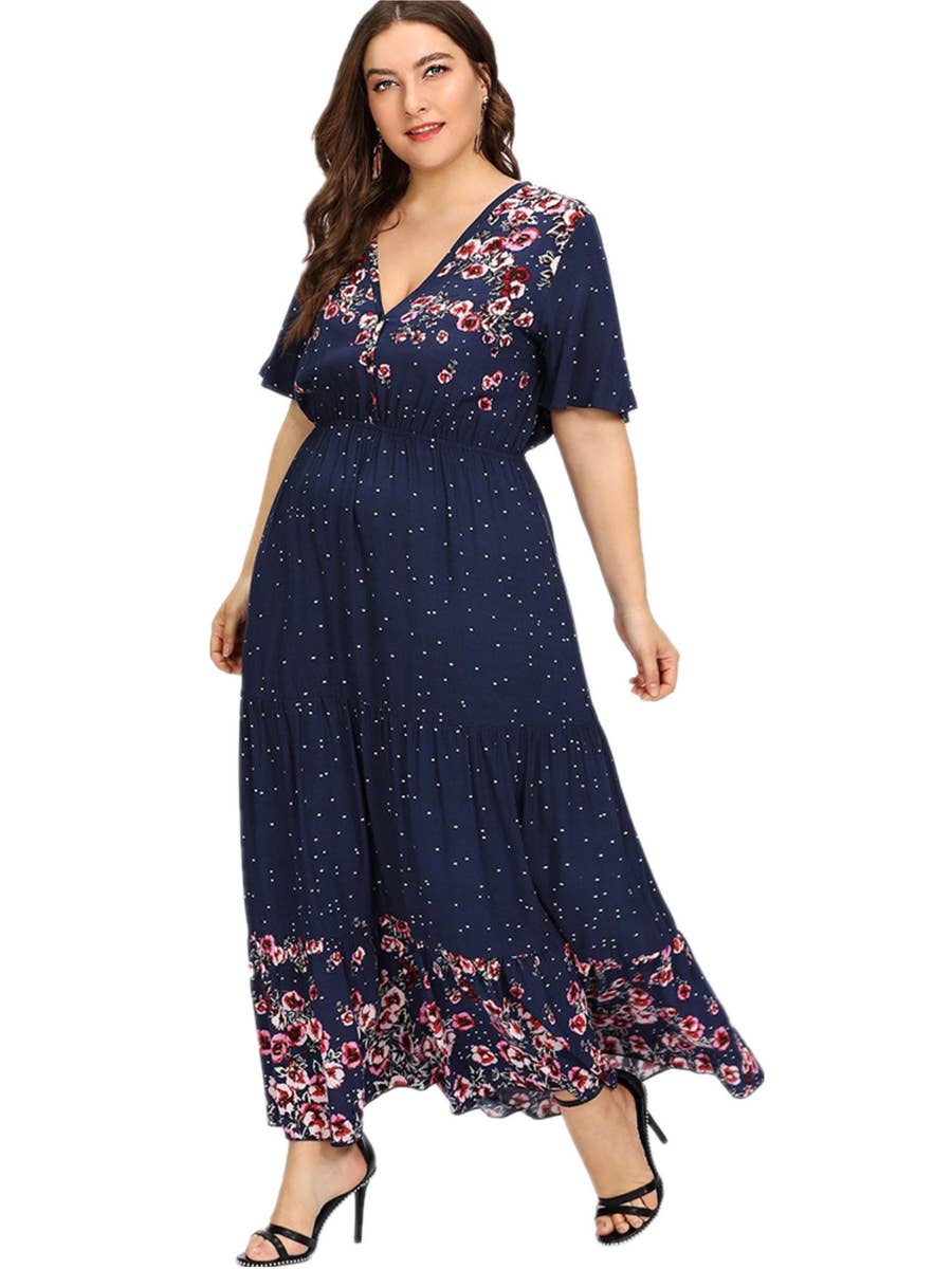 chinese dress ladies Plus Size Printed V-Neck Long Sleeve Maxi Dress Black / 1XL main image 0