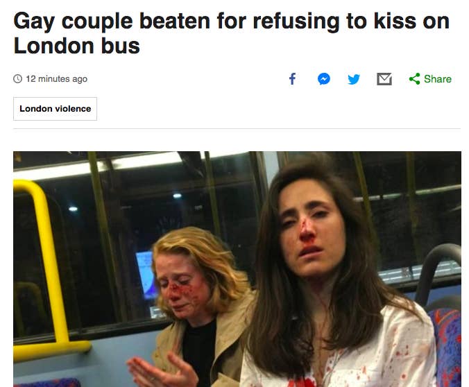 News headline: Gay couple beaten for refusing to kiss on London bus