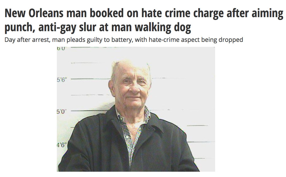 News headline: New Orleans man booked on hate crime charge after aiming punch and anti-gay slur at man walking dog