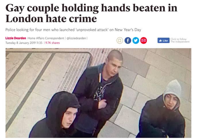 News headline: Gay couple holding hands beaten in London hate crime