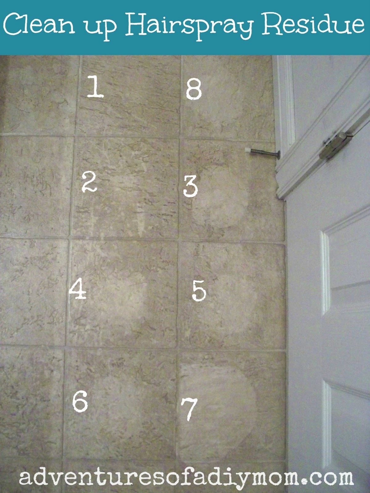 A blogger&#x27;s photo of 7 tiles in their bathroom, which each have varying-size circles of clean spots in the middle of them, showing the effectiveness of products