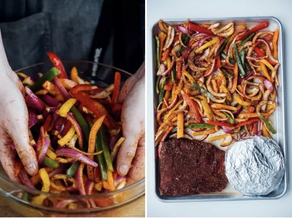 Hands mixing sliced vegetables in a bowl; vegetables and marinated meat arranged on a baking sheet ready for roasting