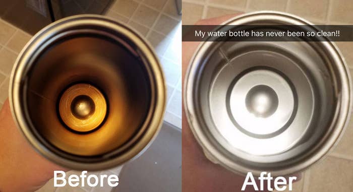 reviewer&#x27;s before and after pics of the a steel thermos with stains before, then completely clean after