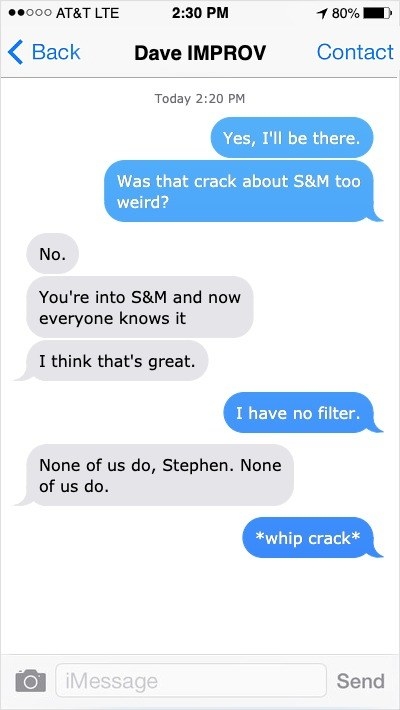 text messages read that that S and M crack too weird reply is no you&#x27;re into S and M and now everyone knows it