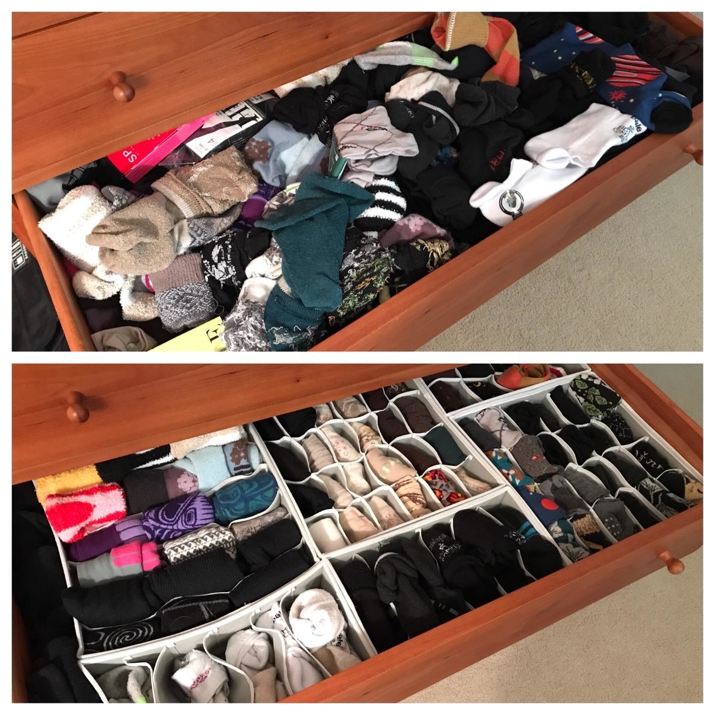A reviewer's before/after of a messy drawer, and the same drawer neatly organized in these bins