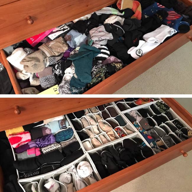 A reviewer's before/after of a messy drawer, with the same drawer neatly organized in these bins