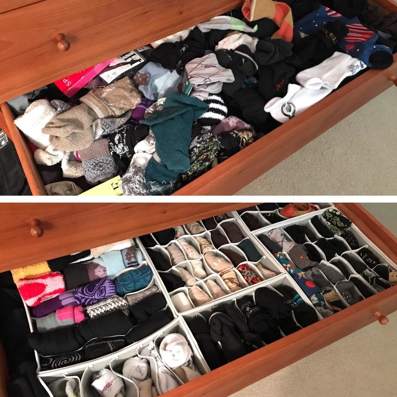 Reviewer&#x27;s before-and-after of a messy drawer, and the same drawer neatly organized in these bins