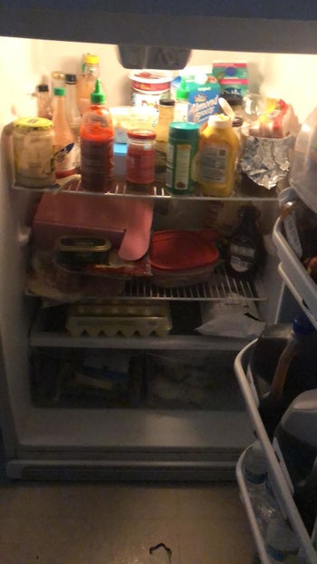 Review image of a full and disorganized fridge