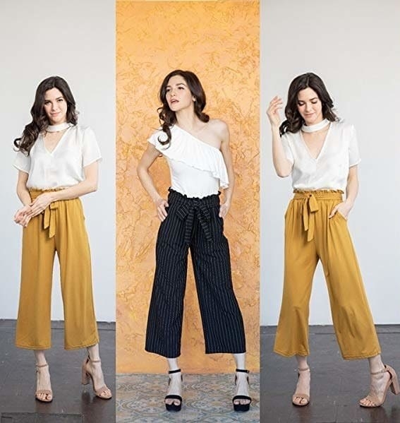 collage of three images of model wearing the pants in black pinstripe, and mustard yellow, wearing different white blouses