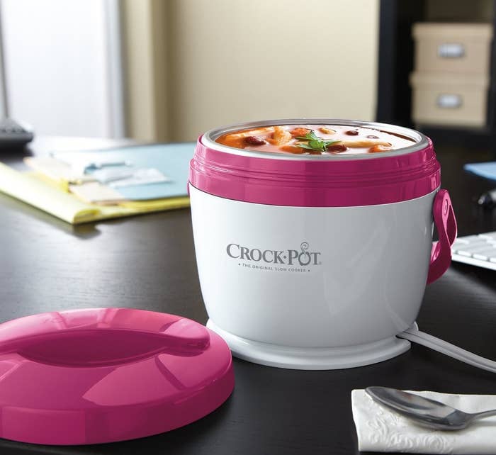 Small Crock Pot warmer filled with soup and placed on desk