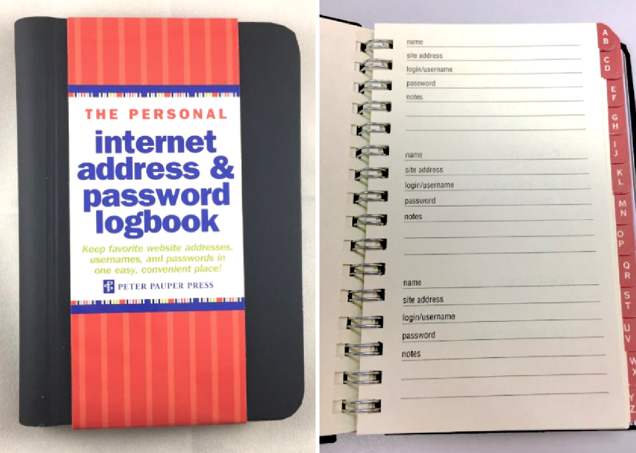 Two reviewer photos showing the cover and inside of the book. The inside has space for website, login/username, password, and notes.