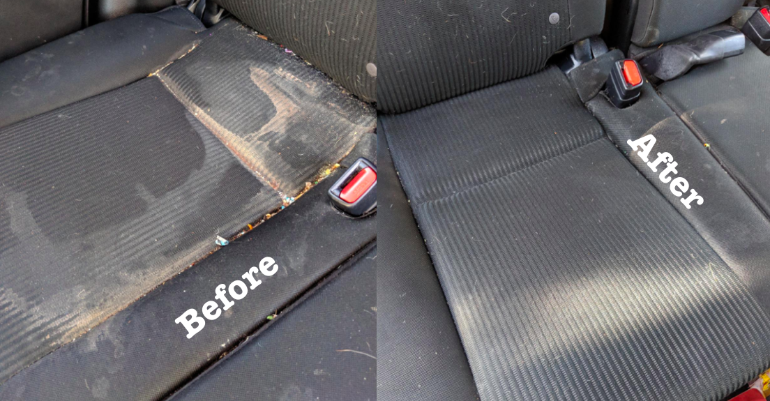 A customer review before and after photo of their car seats
