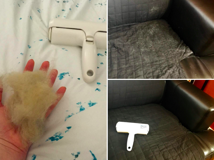 Reviewer photos showing the amount of pet hair they pulled up from their bed and couch. The first photo shows the reviewer holding a big handful of hair.