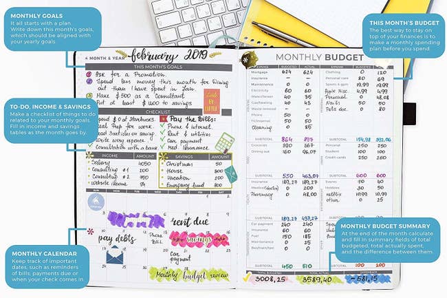The inside of the planner, with monthly goals, spaces for income, to-do lists, savings, a monthly calendar, and monthly budget