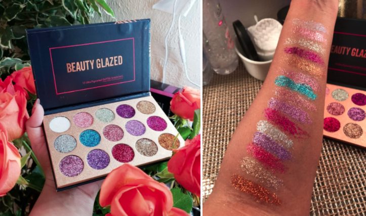 Review images of glitter eyeshadow swatched on arm, showing how pigmented and sparkly the colors are