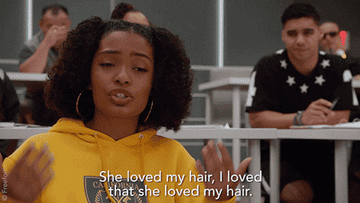 GIF from Grown-ish of Zoe saying, &quot;She loved my hair, I loved that she loved my hair&quot; 