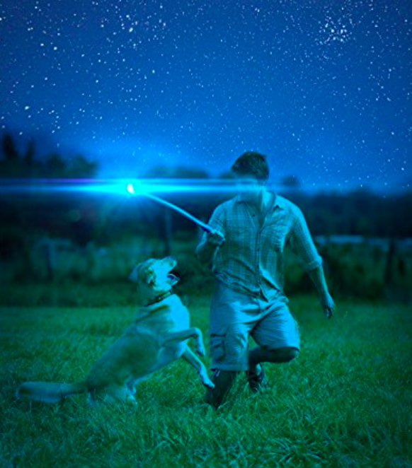 A person playing fetch with their dog at night. They are using a ball launcher and the ball is glowing. 