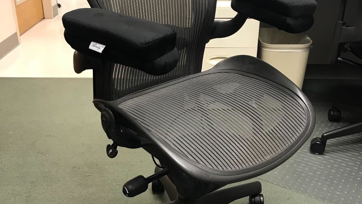 Reviewer photo of the armrest pads on a desk chair