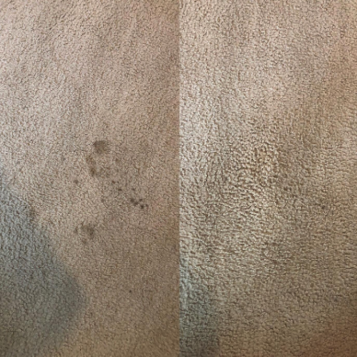 before and after photos of a stain being removed from a white rug