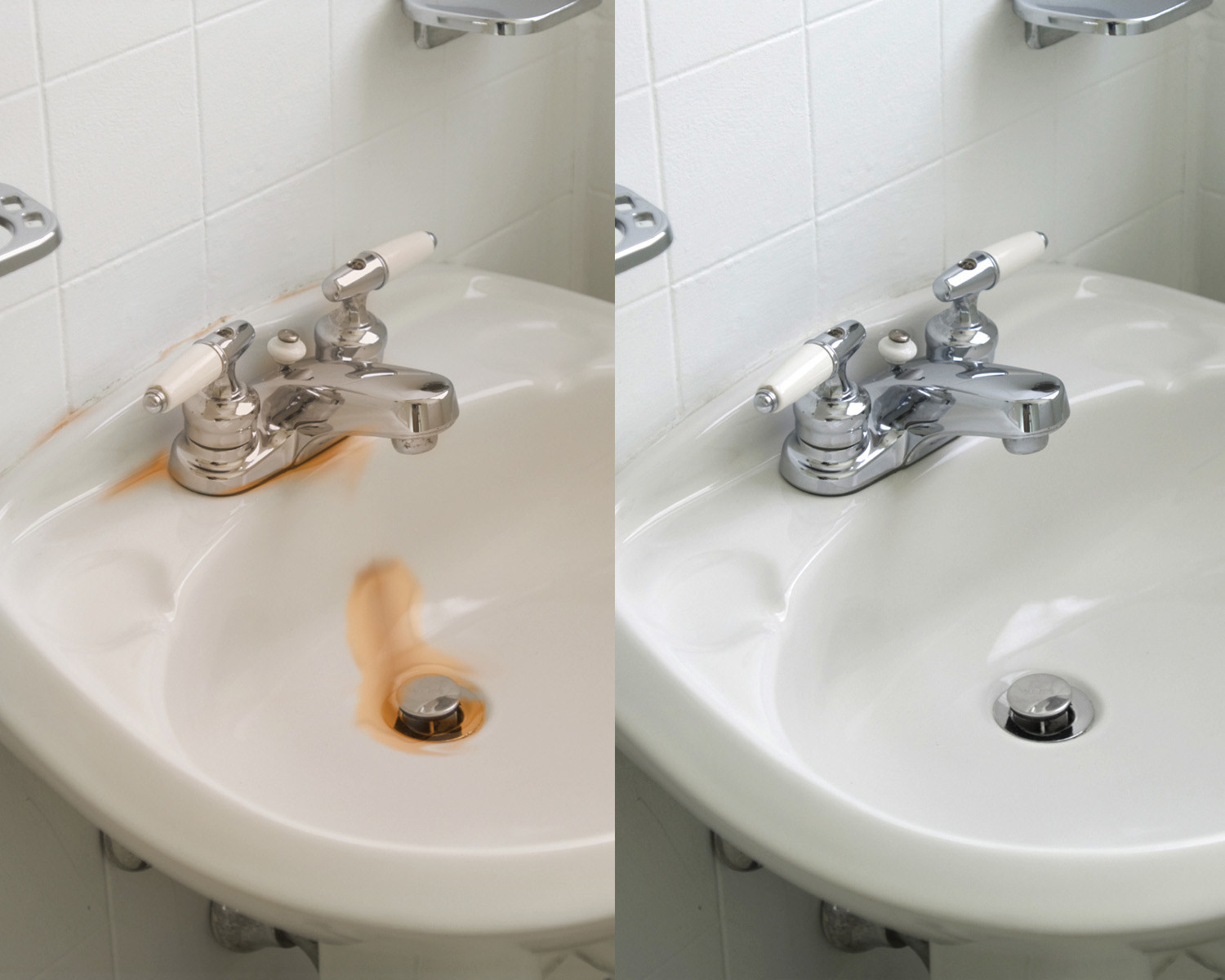 a before-and-after image of sink that&#x27;s been cleaned of rust