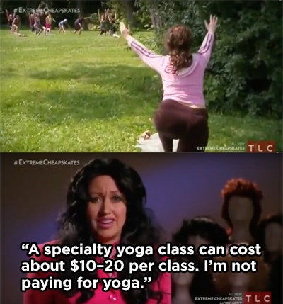 A woman watching a yoga class from afar and mimicking what they&#x27;re doing