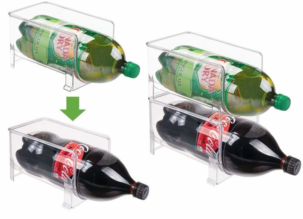 The stackable holders with two-liter soda bottles inside them