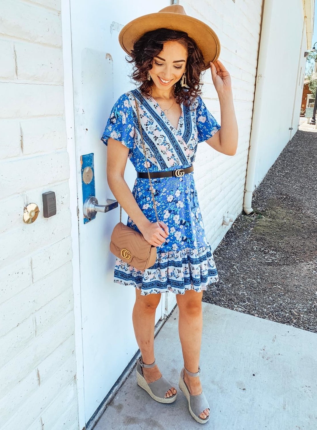 Reviewer wearing the dress in blue