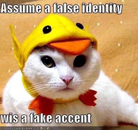 meme of cat with a hat on caption reads assume a false identity wiz a fake accent