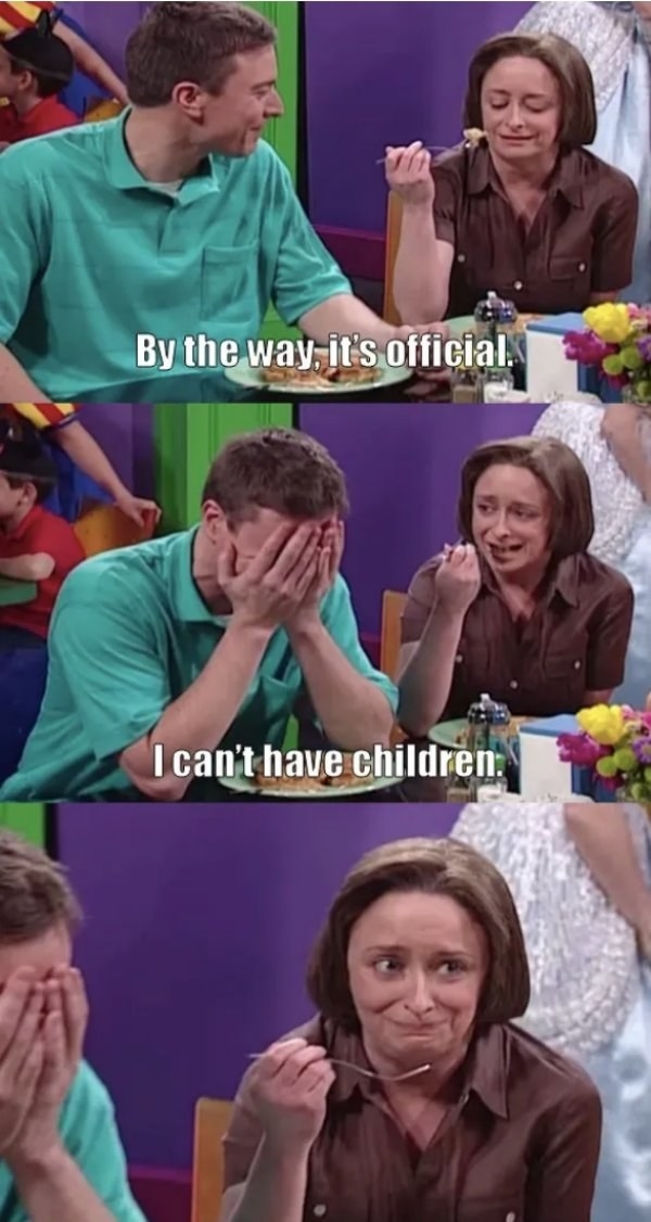 SNL clip of Rachel Dratch as Debbie Downer saying by the way it&#x27;s official and I can&#x27;t have children and jimmy fallon stars laughing