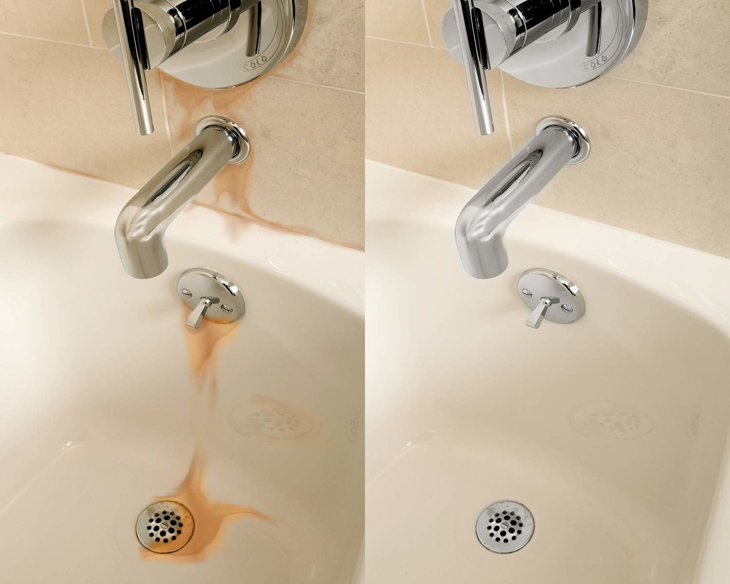A before and after product photo showing a rust-stained tub and faucets, then those faucets clean and free of rust