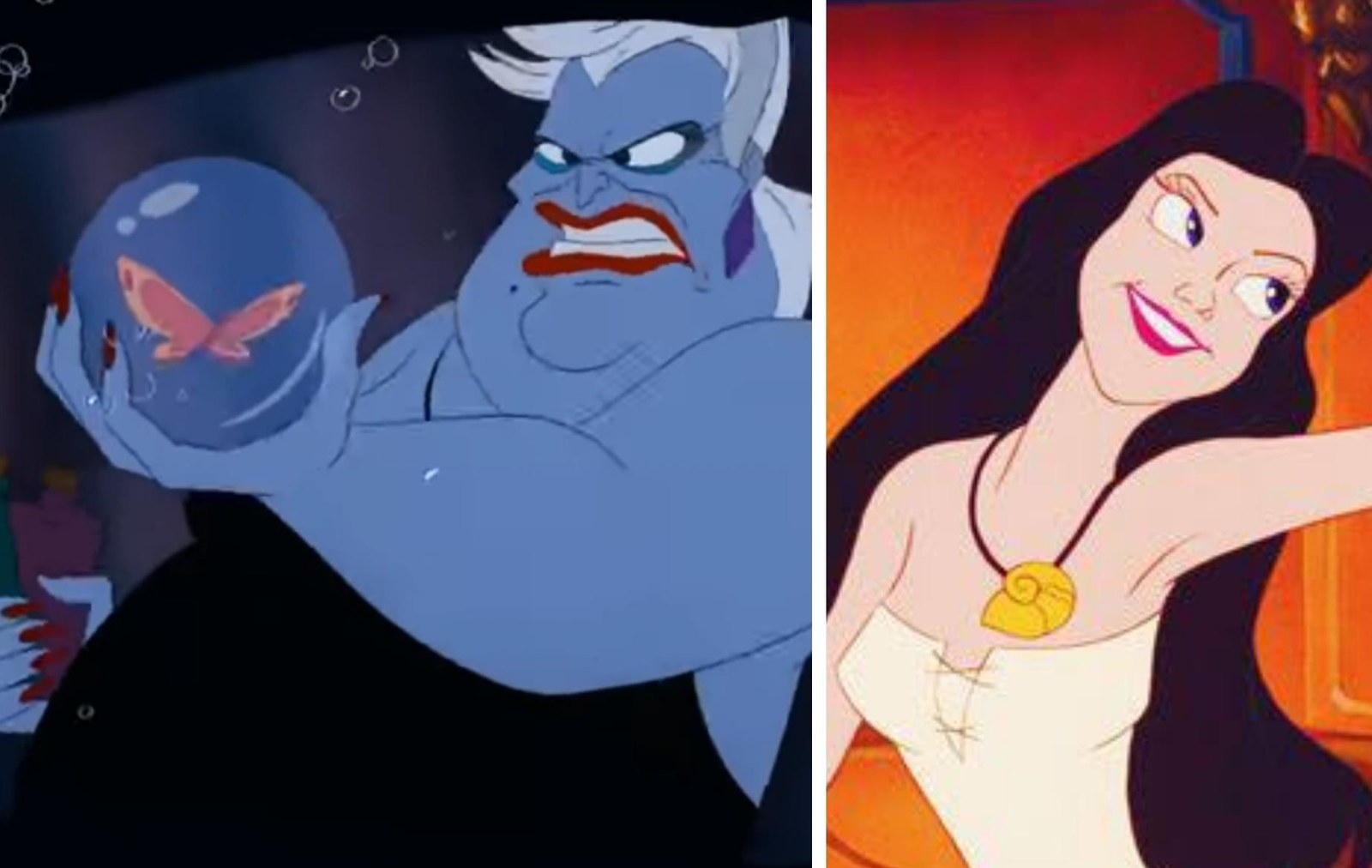 Ursula holding a butterfly in a bubble on the left, and Ursula transformed into Vanessa on the right