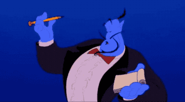 Genie dressed as a waiter writing in Farsi on a notepad