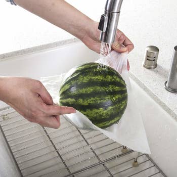 A person running water over a watermelon that's balanced on top of one of the paper towels 