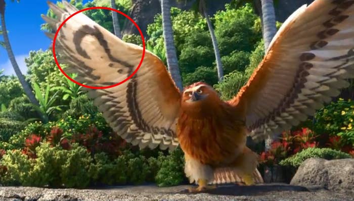 Maui transformed into a giant hawk, with the patterns on his win feathers shaped like a hook