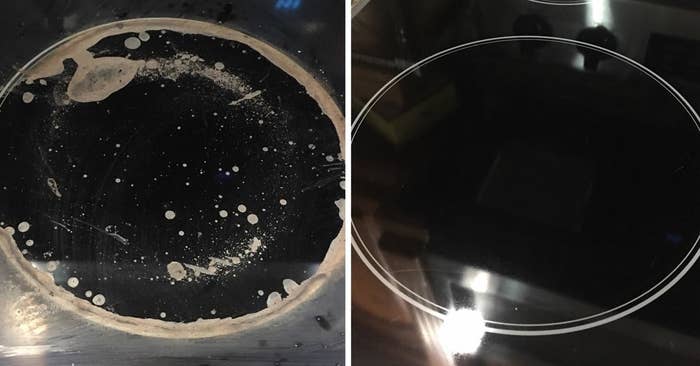 Reviewer photos of cooktop before and after using the cleaner. The before photo shows a lot of burned on stains and the after photo shows the surface completely clean