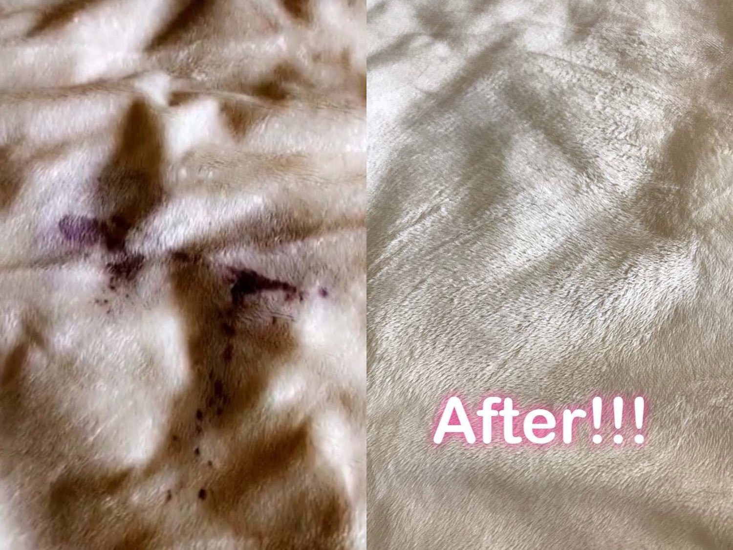 Reviewer photo of a white blanket before and after being treated with the stain remover. The before photo shows a large wine stain and the after photo shows the stain completely removed