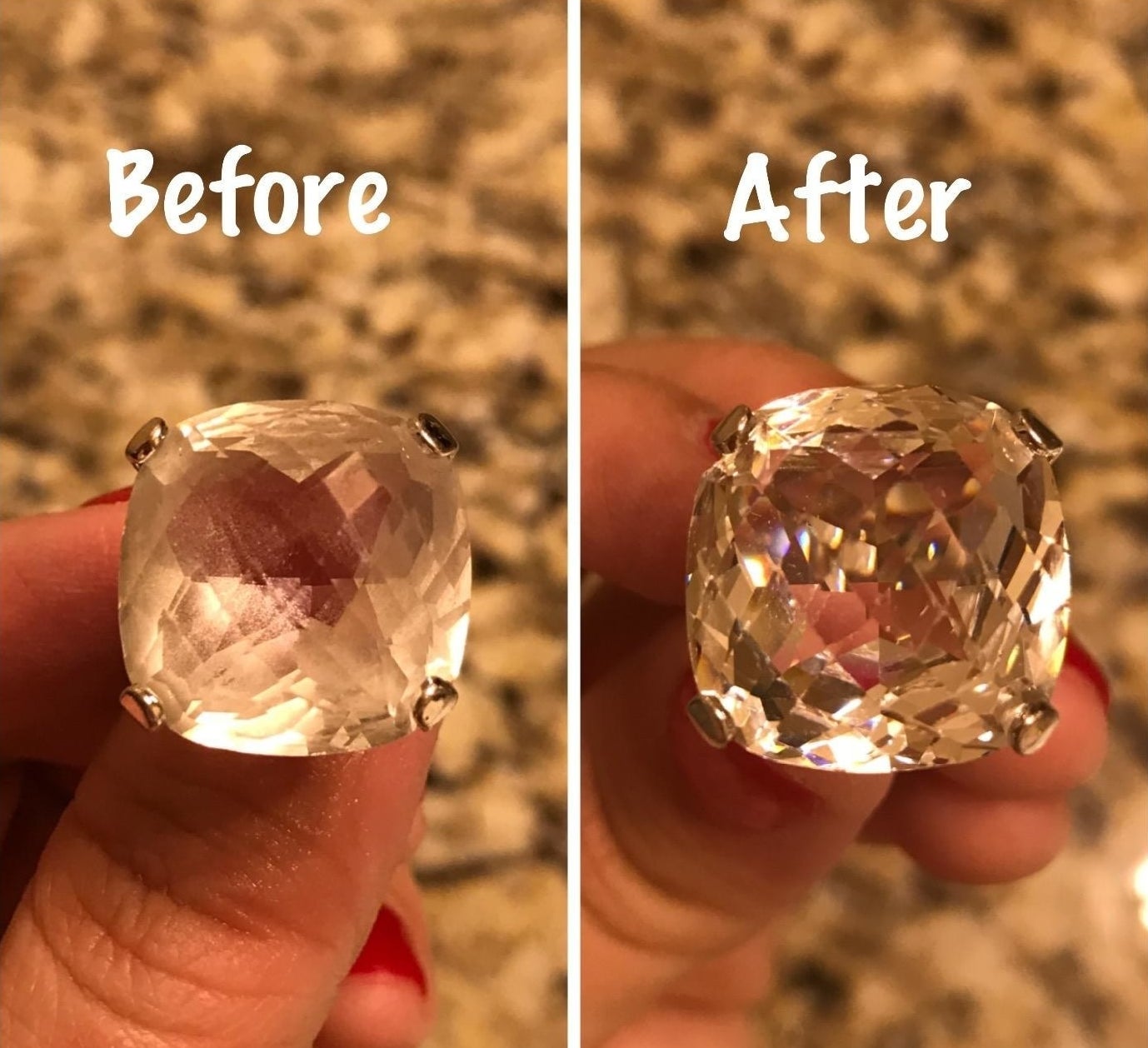 Reviewer photo showing a ring before and after using the pen. The dull ring becomes completely clear and sparkling