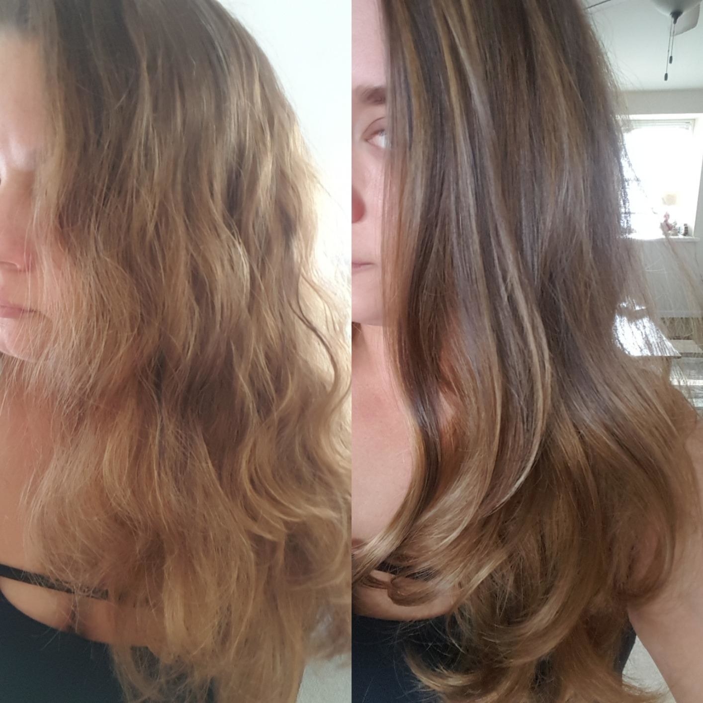 Reviewer photos of hair before and after using the brush. The before photo shows frizzy hair and the after photo shows smooth hair with soft curls