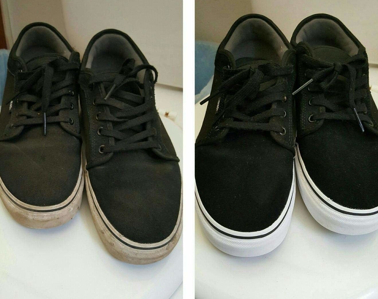 Reviewer photos showing a pair of shoes before and after getting cleaned with the kit. The dirty shoes are completely restored to a new appearance