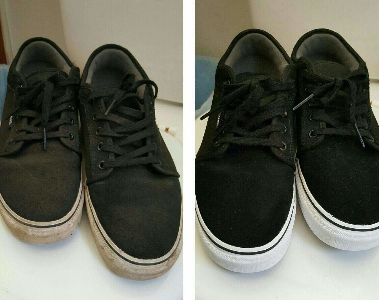 Reviewer photos of a pair of sneakers before and after being cleaned with the kit. The dirty shoes look like new after cleaning