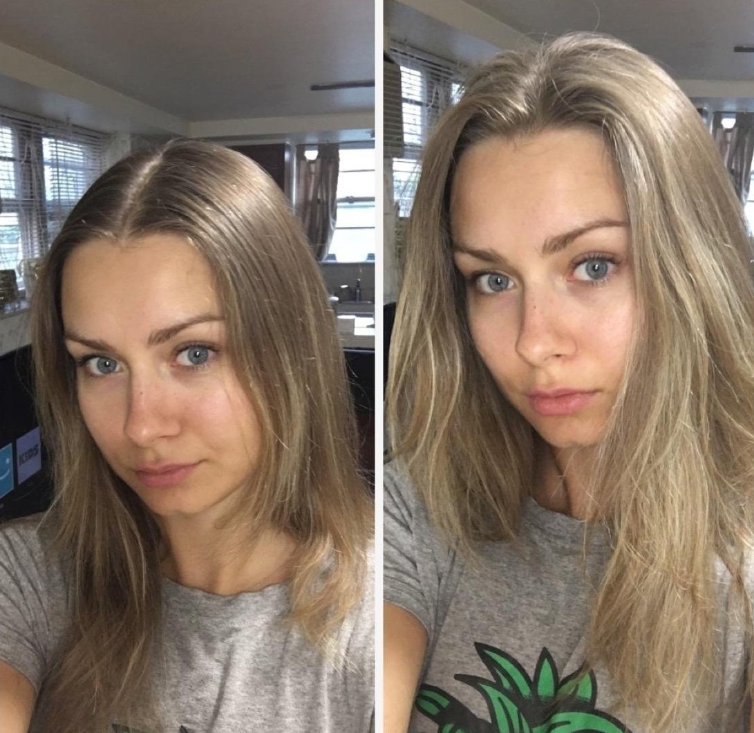 Reviewer photos showing hair before and after using the dry shampoo. Before photo shows flat, shiny hair and after photo shows voluminous, non-greasy hair