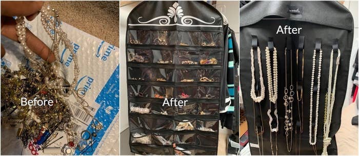 Reviewer photos of jewelry before and after being stashed in the organizer. The before photo shows a tangled mess and the after photo shoes the jewelry neatly separated 