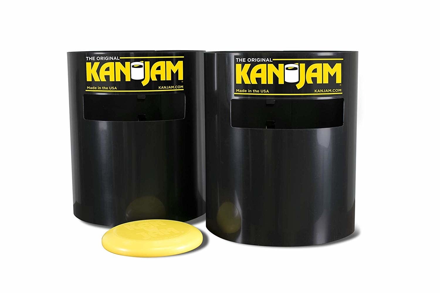 a pair of black plastic tubes with a slot cut out towards the top of it designed so you can throw a frisbee through it. each tube says "kan jam" in yellow letters