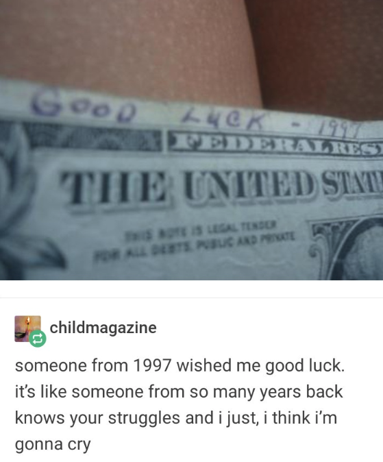 dollar bill that says good luck from 1997
